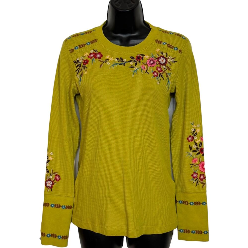 Sundance Frosty Fields Embroidered Waffle Knit Thermal Top Velvet Button Cuff XS